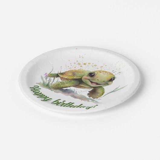 Niedliche fröhliche Tortoise Editable Text Paper T Pappteller (Schrägansicht)