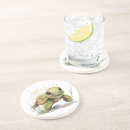 Niedliche fröhliche Tortoise Sandstone Untersetzer (Seite)