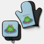 Niedliche Frosch-Cartoon-Abbildung Ofenhandschuh & Topflappen-Set (Vorderseite/Rückseite)