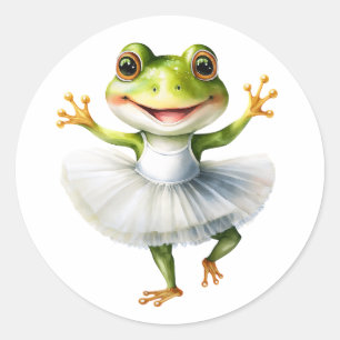 Niedliche Froschballerina tanzt Ballett. Runder Aufkleber