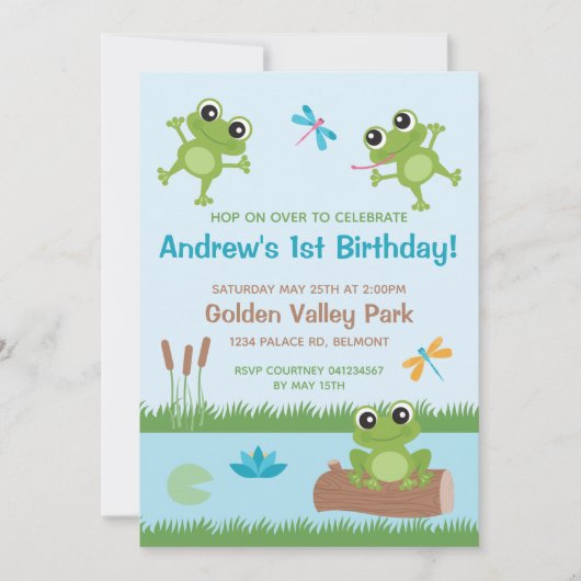 Niedliche Frösche in Teichen - individuelle Einlad Einladung (Vorderseite)