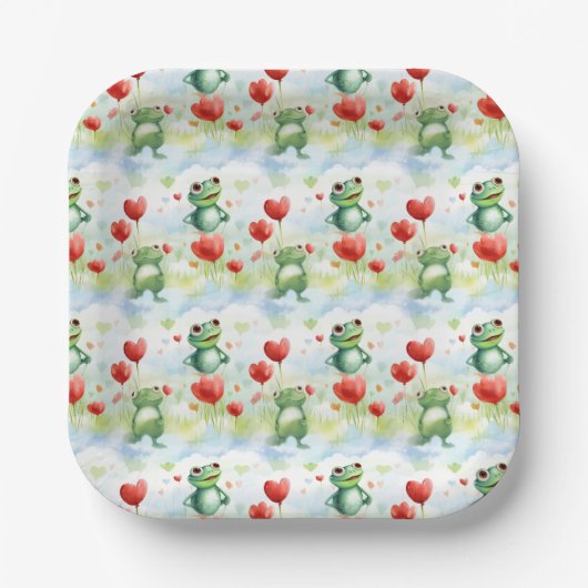 Niedliche Frösche mit roten Ballons Pappteller (Vorderseite)
