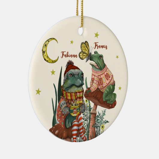 Niedliche Froschfrösche auf Pilzkraut Weihnachtsfe Keramik Ornament (Rechts)