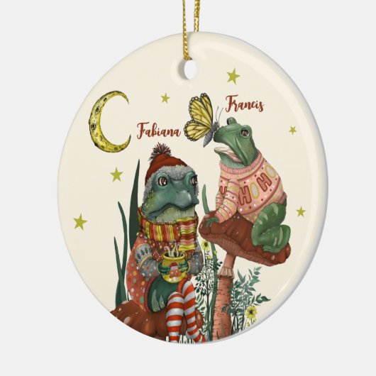 Niedliche Froschfrösche auf Pilzkraut Weihnachtsfe Keramik Ornament (Links)