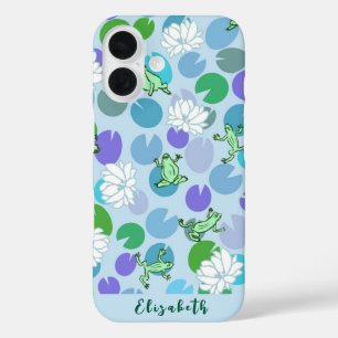 Niedliche Froschkunst mit blauen Wasserlilien iPhone 16 Hülle