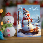 Niedliche Frosty Snowman Hot Chocolate Holiday Car Feiertagskarte<br><div class="desc">Ein fröhlicher, frostiger Schneemann sitzt auf einem Schneehügel. In festlichem Schal und Hut gekleidet, mit einer Tasse heiße Schokolade in einer Hand. Schneeflocken fallen sanft um sein verschneites Gesicht. Die Landschaft ist von schneebedeckten Bäumen bedeckt und schafft einen zauberhaften und gemütlichen Winter. Personalisieren Sie es mit Ihrem Familiennamen. Sie können...</div>