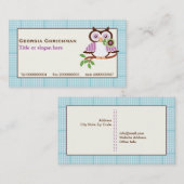 Niedliche Frühlingseule auf einem Ast, blaue karie Visitenkarte (Vorne/Hinten)