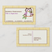 Niedliche Frühlingseule auf einem Ast, gelbe karie Visitenkarte (Vorne/Hinten)