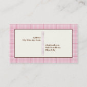 Niedliche Frühlingseule auf einem Ast, rosa karier Visitenkarte (Rückseite)
