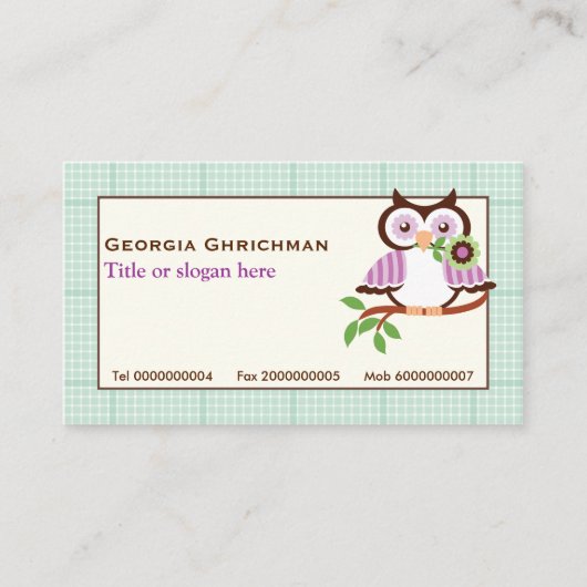 Niedliche Frühlingseule mit Minzgrün karierte Gren Visitenkarte (Vorderseite)