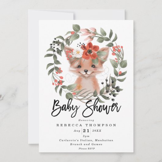 niedliche Fuchs-Boho Blumendusche Einladung (Vorderseite)