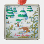 niedliche Fuchs- und Kaninchenschneeszene Silbernes Ornament (Vorne)
