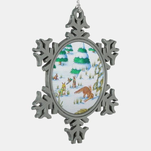 niedliche Fuchs- und Schneeflocken Zinn-Ornament (Links)