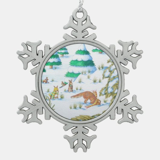 niedliche Fuchs- und Schneeflocken Zinn-Ornament (Vorderseite)