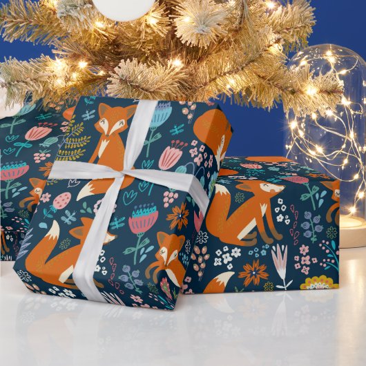 Niedliche Füchse Blume und Vogelmuster 2 Geschenkpapier (Feiertage)