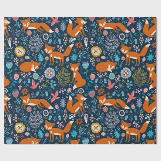 Niedliche Füchse Blume und Vogelmuster 2 Geschenkpapier (Flach)