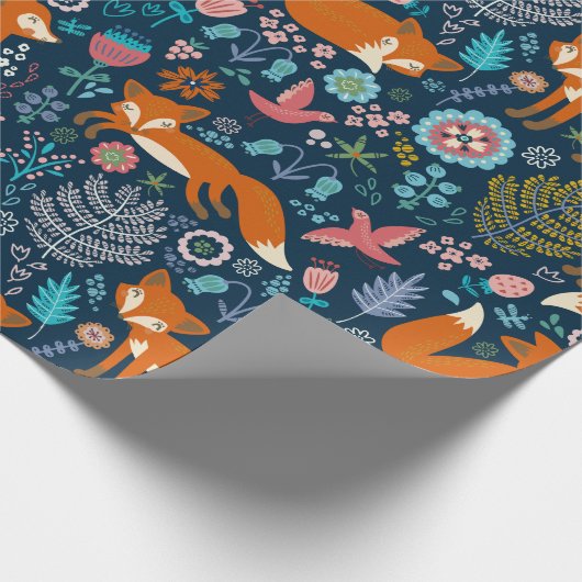 Niedliche Füchse Blume und Vogelmuster 2 Geschenkpapier (Ecke)