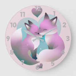 Niedliche Füchse küssen rosa und grau rund Große Wanduhr