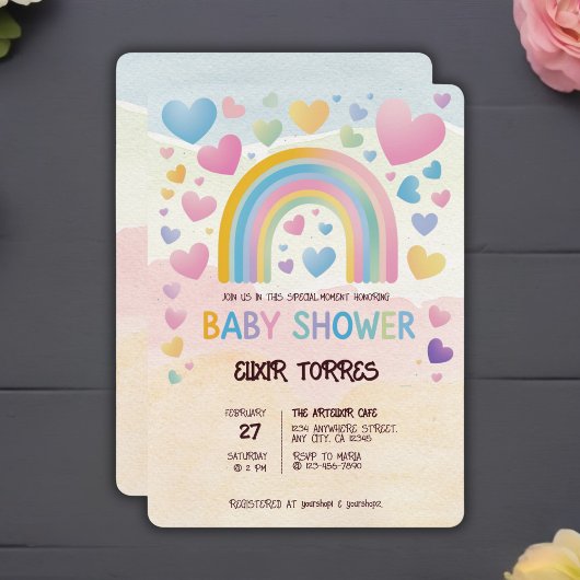 Niedliche Fun Hearts und Rainbow Baby Shower Einladung