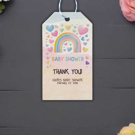 Niedliche Fun Hearts und Rainbow Baby Shower Geschenkanhänger