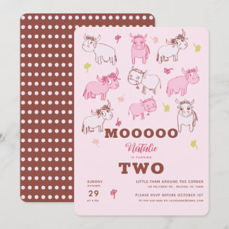 Niedliche Funny Cows Rosa Cartoon Zweites Geburtst Einladung