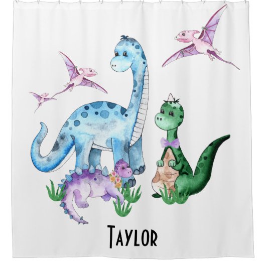 Niedliche Funny Dinosaurier Blue Lila Green Kids N Duschvorhang (Vorderseite)