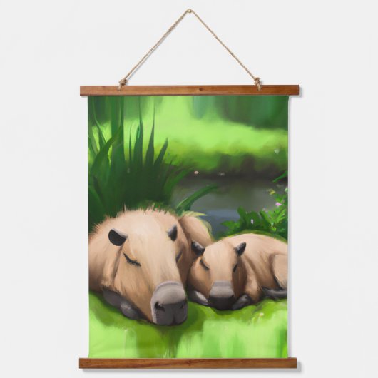 Niedliche Funny Napping Capybaras am Teich Wandteppich Mit Holzrahmen (Vorderseite)