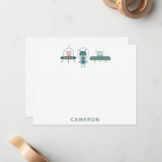 Niedliche Funny Space Alien Personalisiert Station Mitteilungskarte (Vorderseite/Rückseite Beispiel)