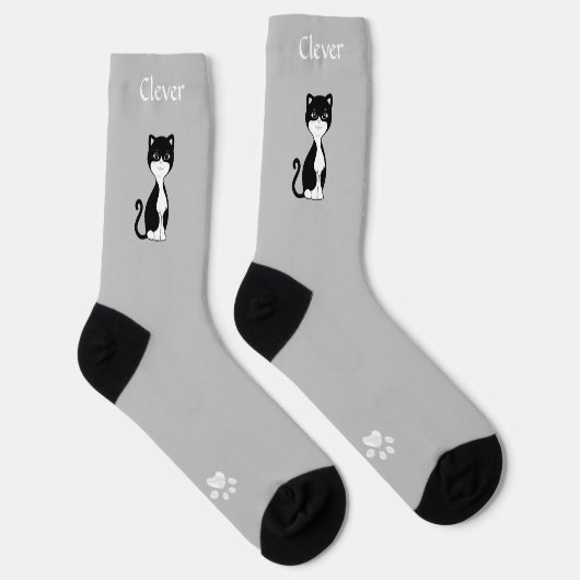 Niedliche Funny Tuxedo Cat & Paws on Light Grau Socken (Rechts)