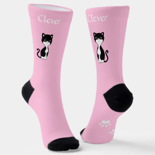 Niedliche Funny Tuxedo Cat & Paws on Light Pink Socken