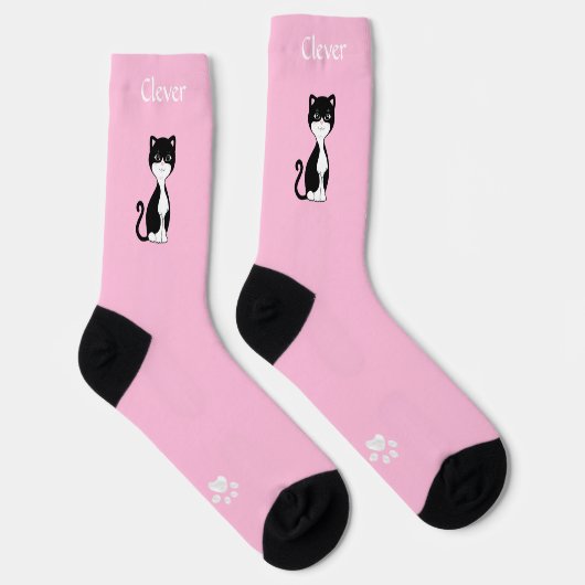 Niedliche Funny Tuxedo Cat & Paws on Light Pink Socken (Rechts)