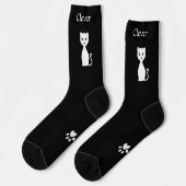 Niedliche Funny White Cat & Paws auf schwarz Socken (Linkes Detail)