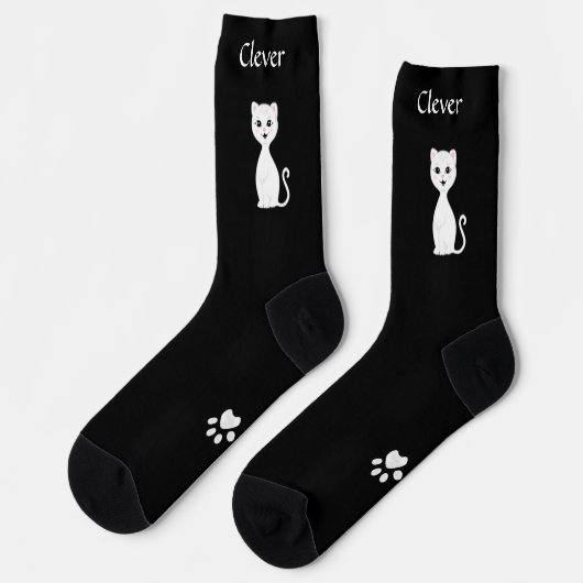 Niedliche Funny White Cat & Paws auf schwarz Socken (Linkes Detail)