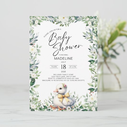Niedliche Gans mit Bow Baby Dusche Einladung (Stehend Vorderseite)