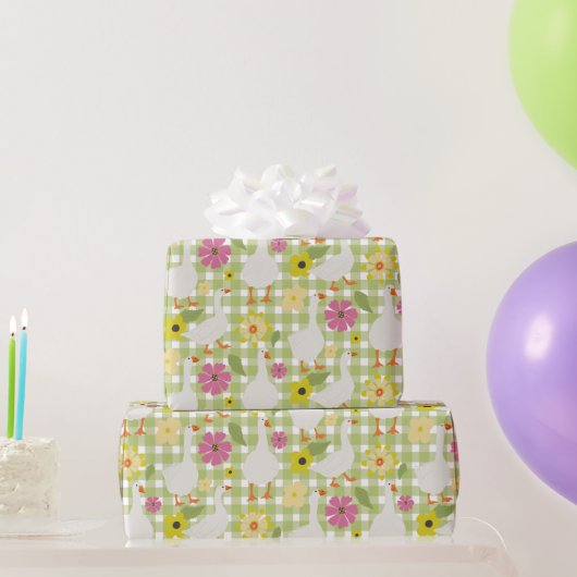 Niedliche Gänse mit handgezogenen Blume - Grüner K Geschenkpapier (Partygeschenke)
