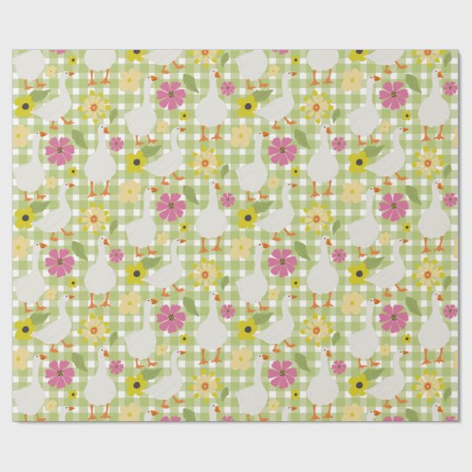 Niedliche Gänse mit handgezogenen Blume - Grüner K Geschenkpapier (Flach)