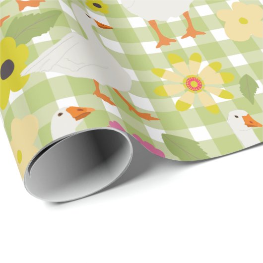 Niedliche Gänse mit handgezogenen Blume - Grüner K Geschenkpapier (Rolleneckpunkt)