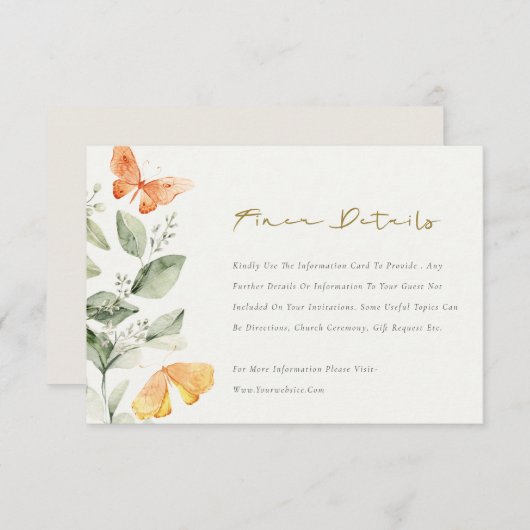 Niedliche Gartenblätterbutterfliegen Hochzeitsdeta Begleitkarte (Vorne/Hinten)