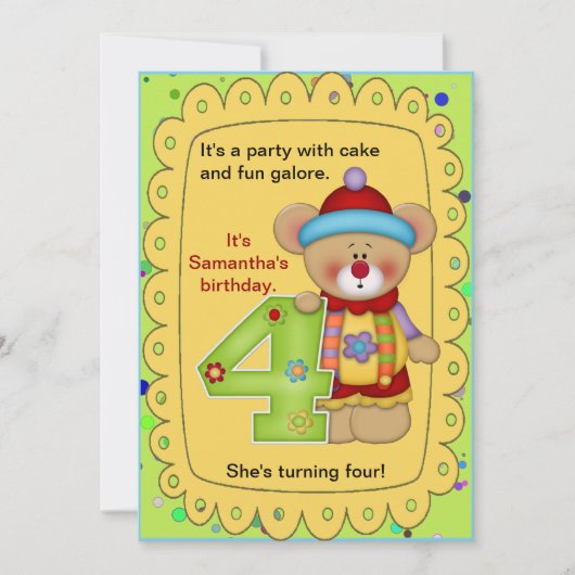 Niedliche Geburtstag Bärenalter 4 Einladung (Vorderseite)
