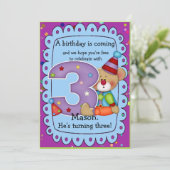 Niedliche Geburtstag Bear Einladung Alter 3 (Stehend Vorderseite)