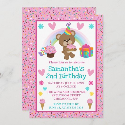 Niedliche Geburtstag Bear & Rainbow & Cake Einladung (Vorne/Hinten)
