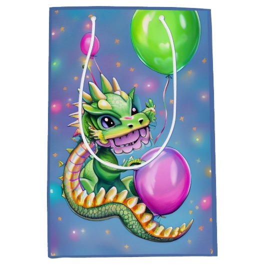Niedliche Geburtstag Dragon mit Balloons Mittlere Geschenktüte (Vorderseite)