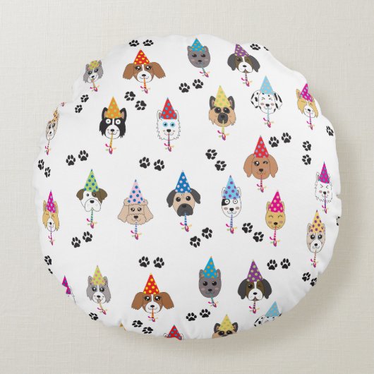 Niedliche Geburtstag Party Hunde Muster Rundes Kissen (Vorderseite)