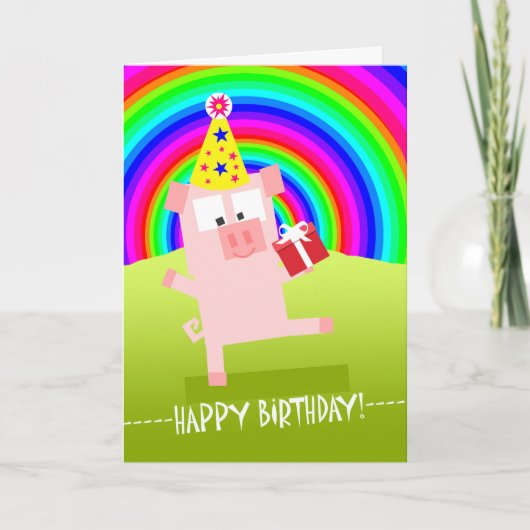 Niedliche Geburtstag Pig unter Regenbogen Karte (Vorderseite)