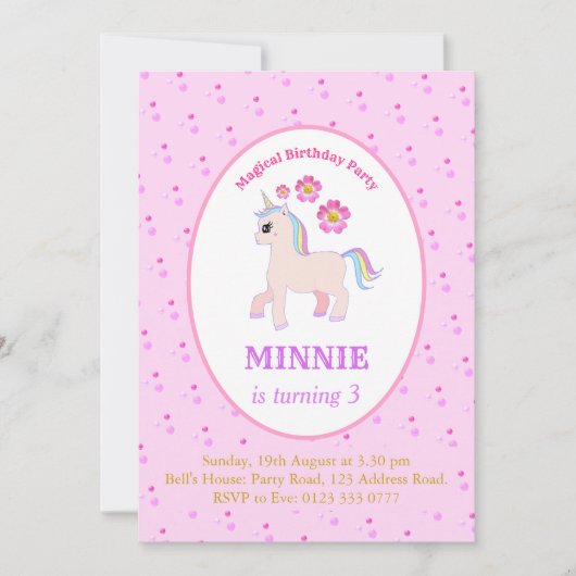 Niedliche Geburtstagsparty von Unicorn Einladung (Vorderseite)