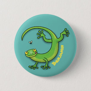Niedliche Gecko-Eidechse mit Bug-Cartoon Button