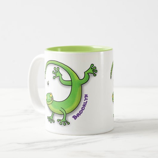 Niedliche Gecko-Eidechse mit Bug-Cartoon Zweifarbige Tasse (Vorderseite Links)