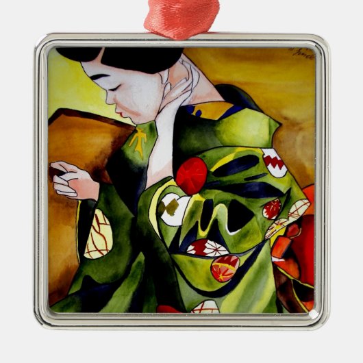 Niedliche Geisha mit grüner Kimono-Originalkunst Ornament Aus Metall (Vorne)