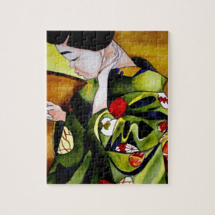Niedliche Geisha mit grüner Kimono-Originalkunst Puzzle