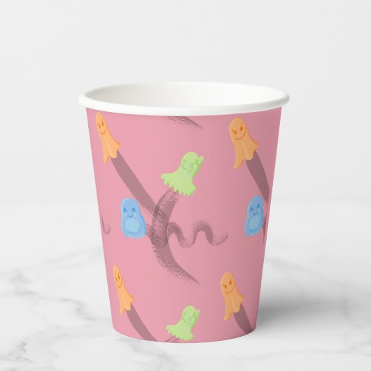 Niedliche Geister in Rosa, Halloween Pappbecher (Vorderseite)